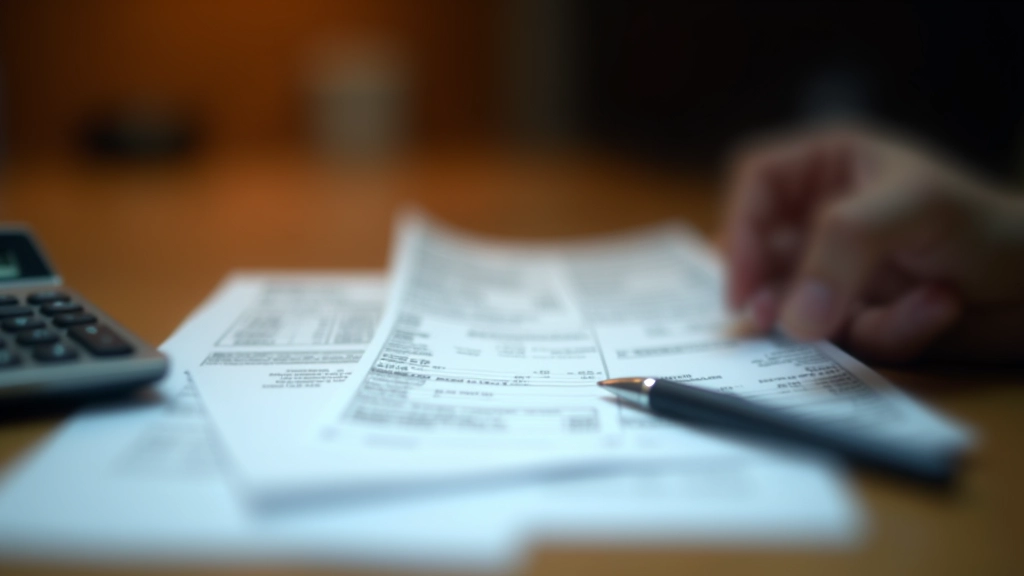 Receipts and bills stacked on desk showing necessary monthly expenses