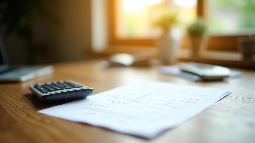 Close-up of financial planning documents with calculator and pen on wooden desk