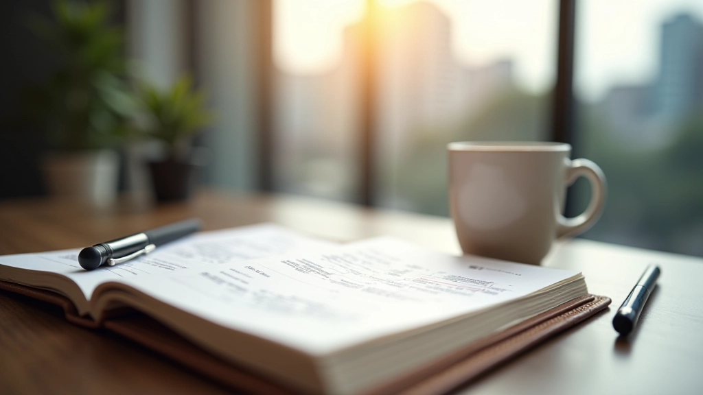 Notebook and coffee cup on workspace with financial planning notes and Hong Kong skyline view through window