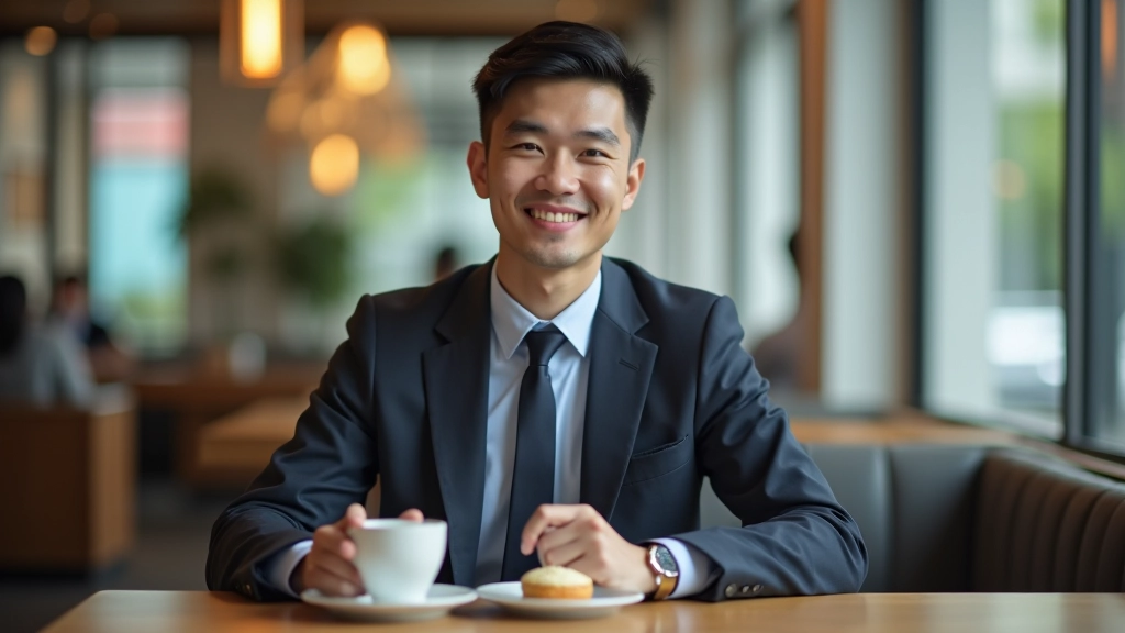 Person enjoying a coffee and dessert at a modern cafe