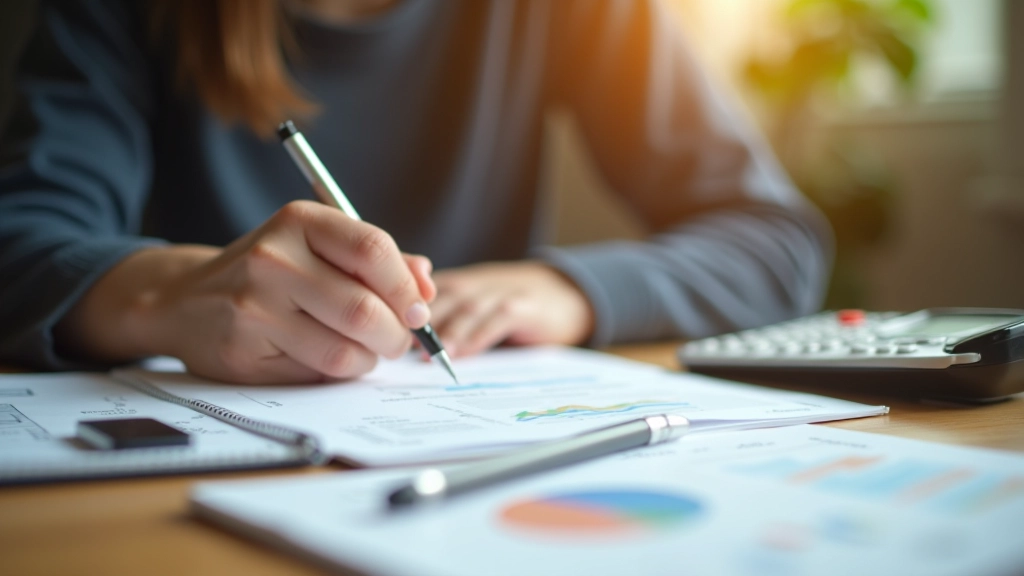 Person writing in financial planning notebook at home office desk with calculator nearby