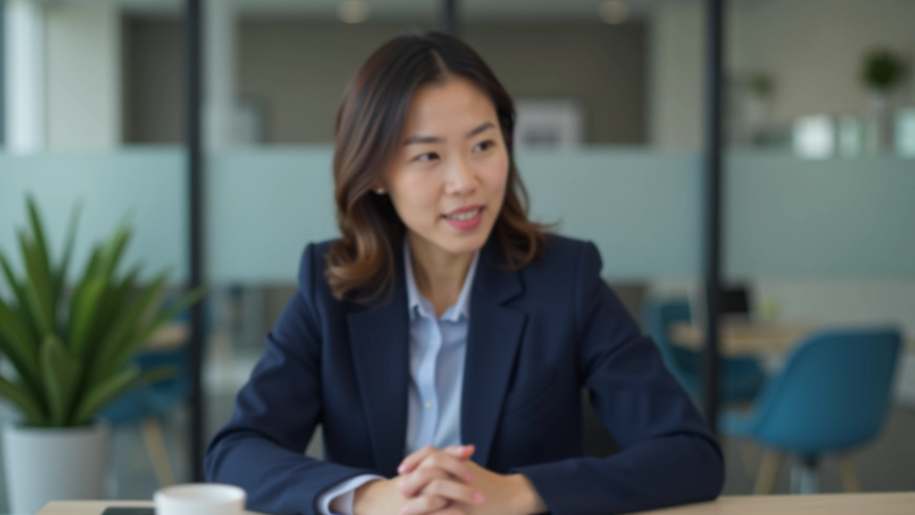 Woman aged 35 in professional blazer, confident posture, on video call with laptop, modern office background, natural lighting, sharp focus