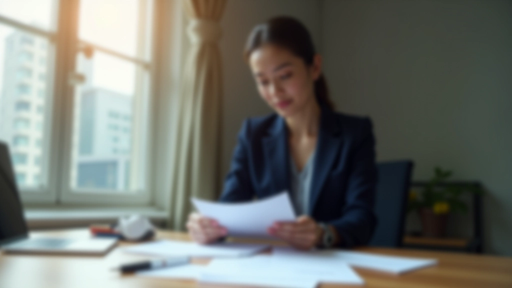 Woman in professional attire reviewing financial documents and charts at a modern desk with laptop