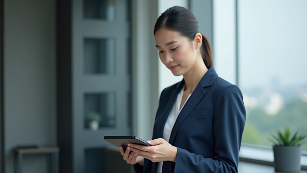 Professional woman in business attire reviewing financial charts and savings goals on tablet device
