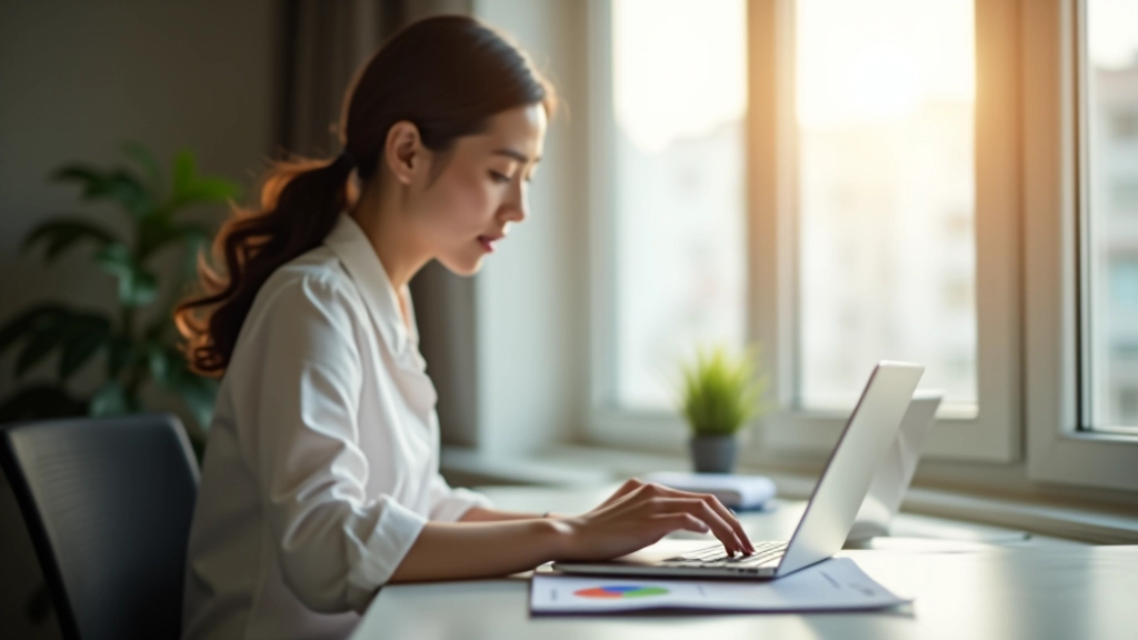 Young professional reviewing investment portfolio on laptop in home office