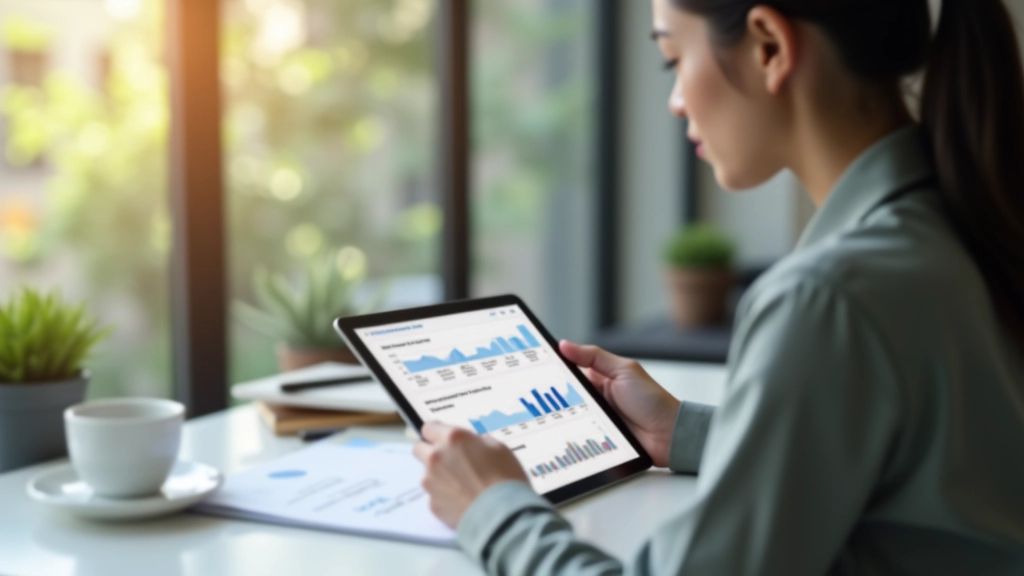 Professional woman at home office reviewing savings goals chart on tablet with coffee cup nearby