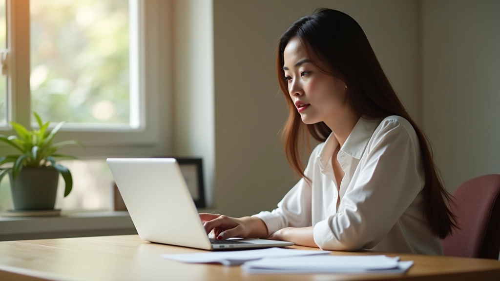 Woman sitting at desk with laptop, reviewing budget spreadsheet with focus and concentration